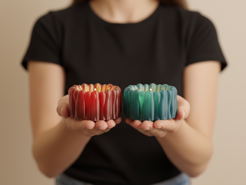 BloomGlow organic LED tealight holders in red and green held in both hands