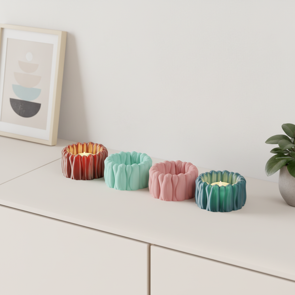Four BloomGlow LED tealight holders arranged on a modern shelf