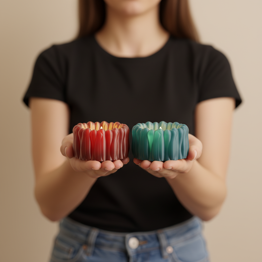 Red and green BloomGlow LED tealight holders shown in hand for scale