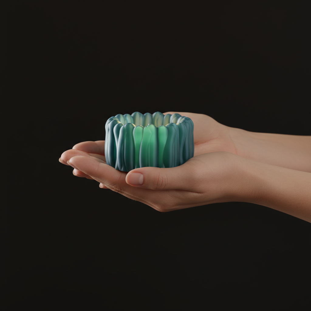 Teal BloomGlow organic LED tealight holder resting on an open hand