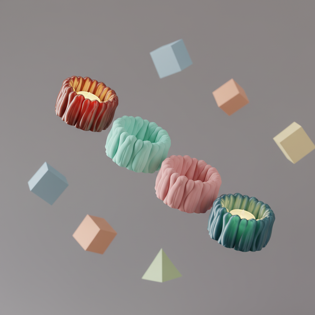 Four BloomGlow tealight holder colour examples in a styled floating scene