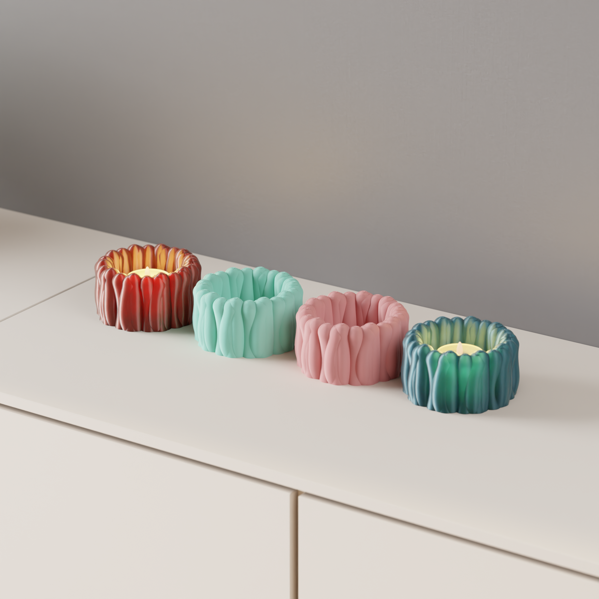 BloomGlow LED tealight holders arranged as compact shelf decor