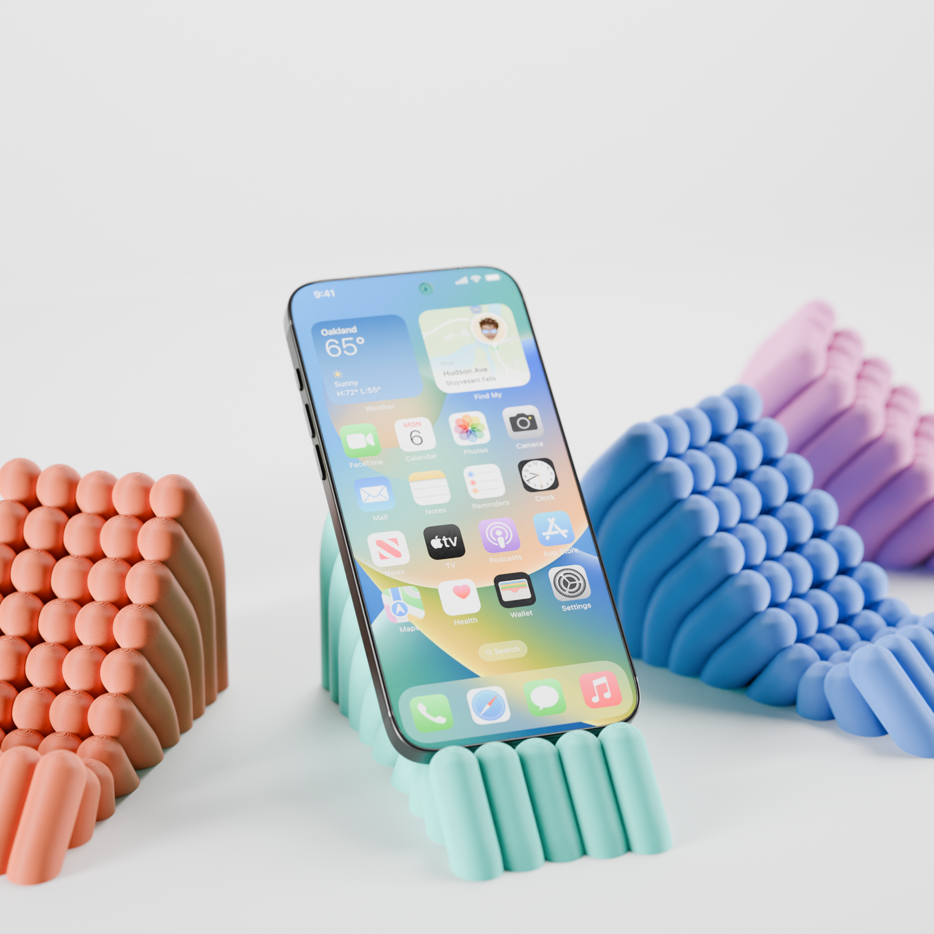 Textured mobile phone stand displaying its curved cradle and stable base.