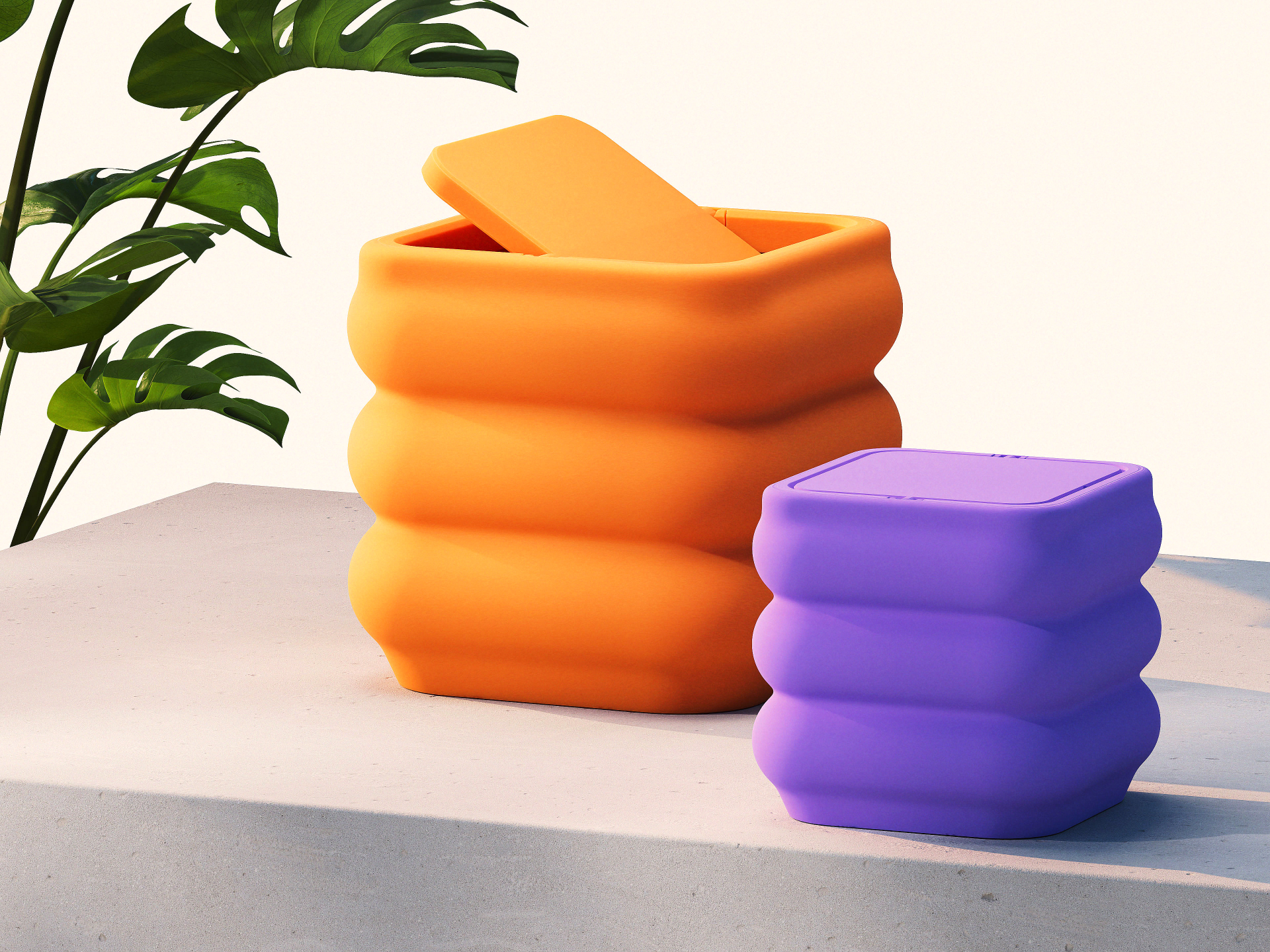 Bumpy trash can with a curved textured body and matching lid.