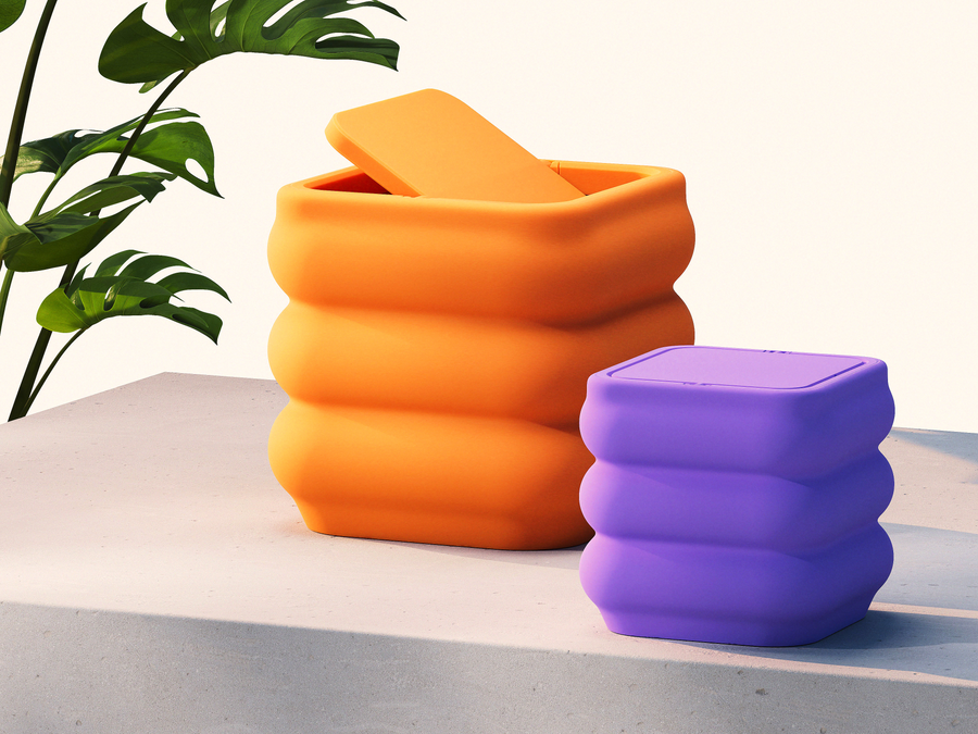 Bumpy trash can with a curved textured body and matching lid.