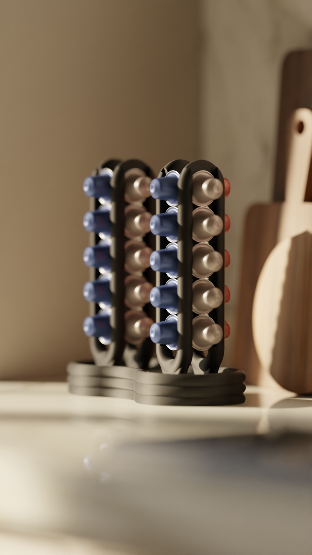 Rotating coffee pod organiser on a kitchen counter
