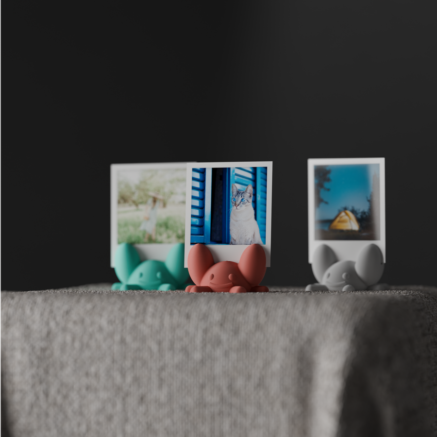 Turquoise, coral and gray crab photo holders displayed together on soft gray fabric