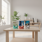 Three colorful crab photo holders displayed on a wooden table in a bright modern room