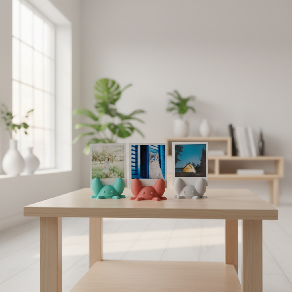 Three colorful crab photo holders displayed on a wooden table in a bright modern room