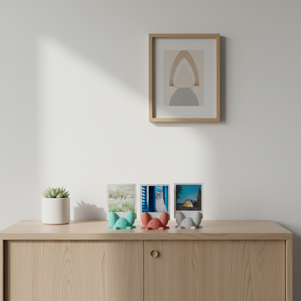 Three crab photo holders arranged with a small plant on a light wooden cabinet