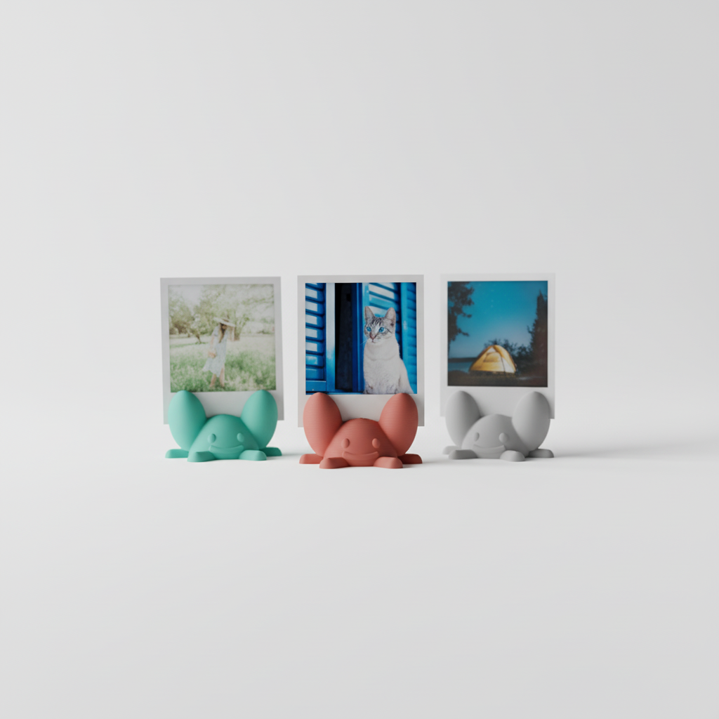 Turquoise, coral and gray crab photo holders shown together on a clean white background