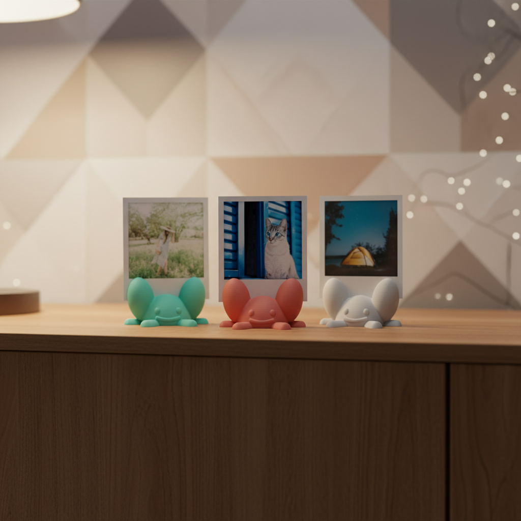 Three colorful crab photo holders styled on a cabinet in a warm geometric interior