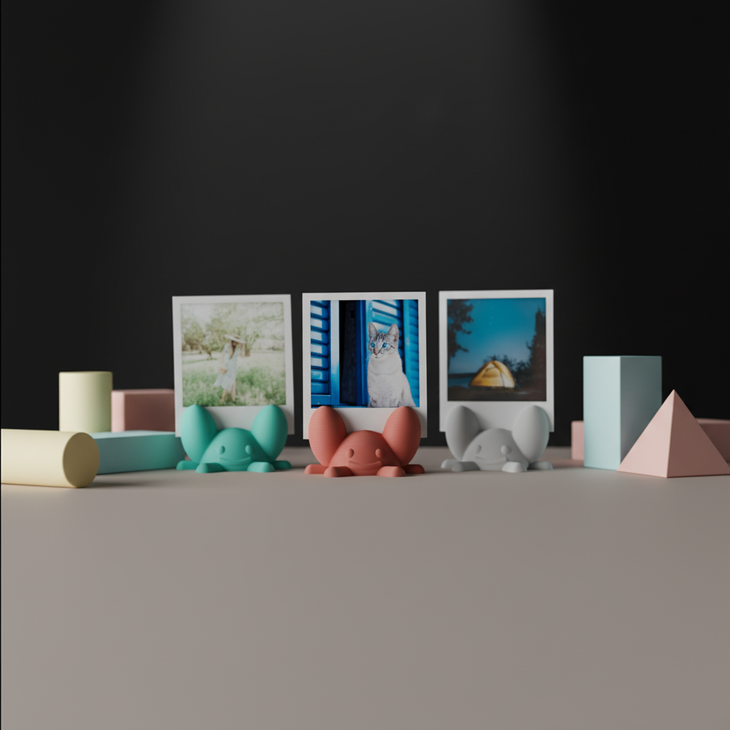 Three crab photo holders displayed with geometric props against a dark studio backdrop