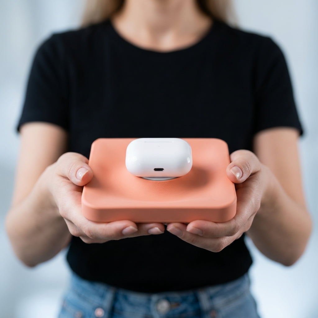MagSafe phone and AirPods tray styled on a modern desk.