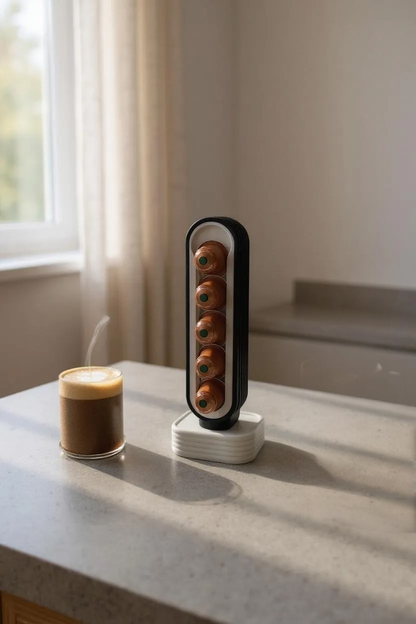 PodArc coffee pod organiser holding pods on a kitchen counter