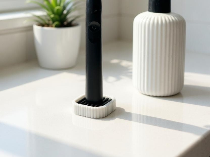 White ribbed electric toothbrush stand with a black drainage insert beside a bathroom sink