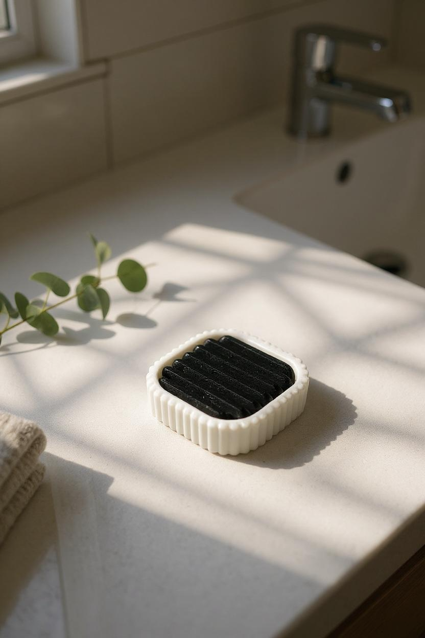 White electric toothbrush stand with black insert positioned near a sunlit bathroom basin
