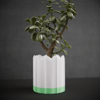Front view of a white ridged planter with a green removable drip tray