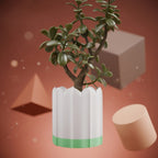 White ridged planter with green drip tray against a warm geometric background