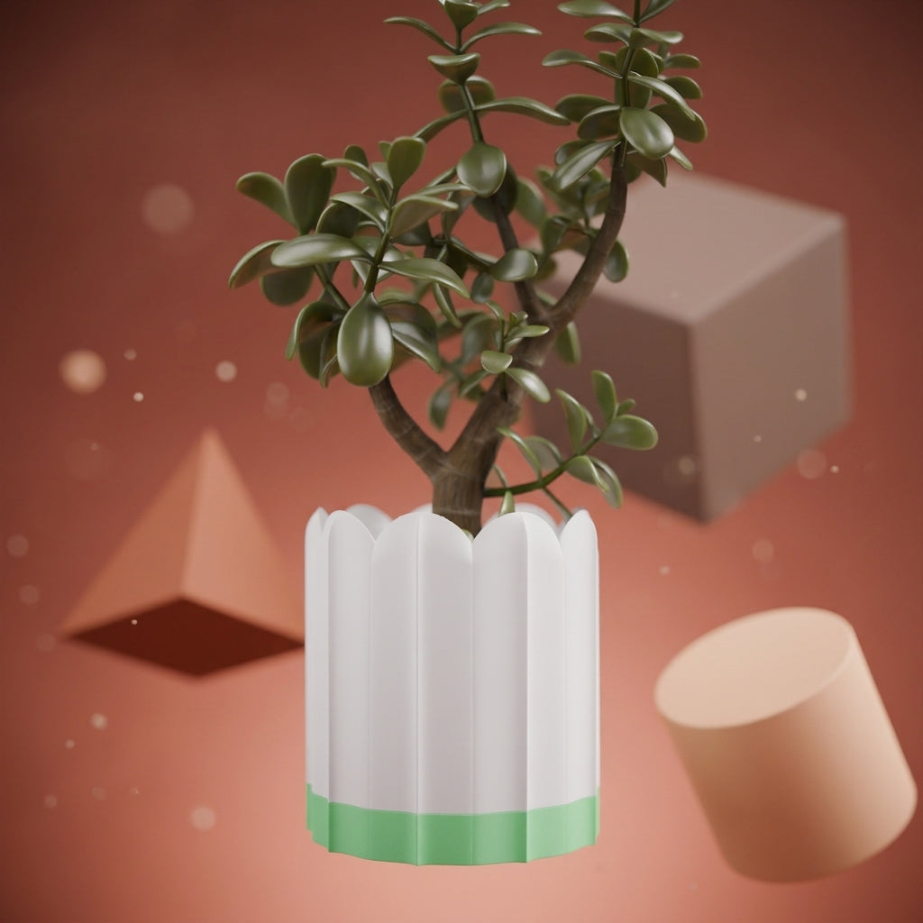 White ridged planter with green drip tray against a warm geometric background