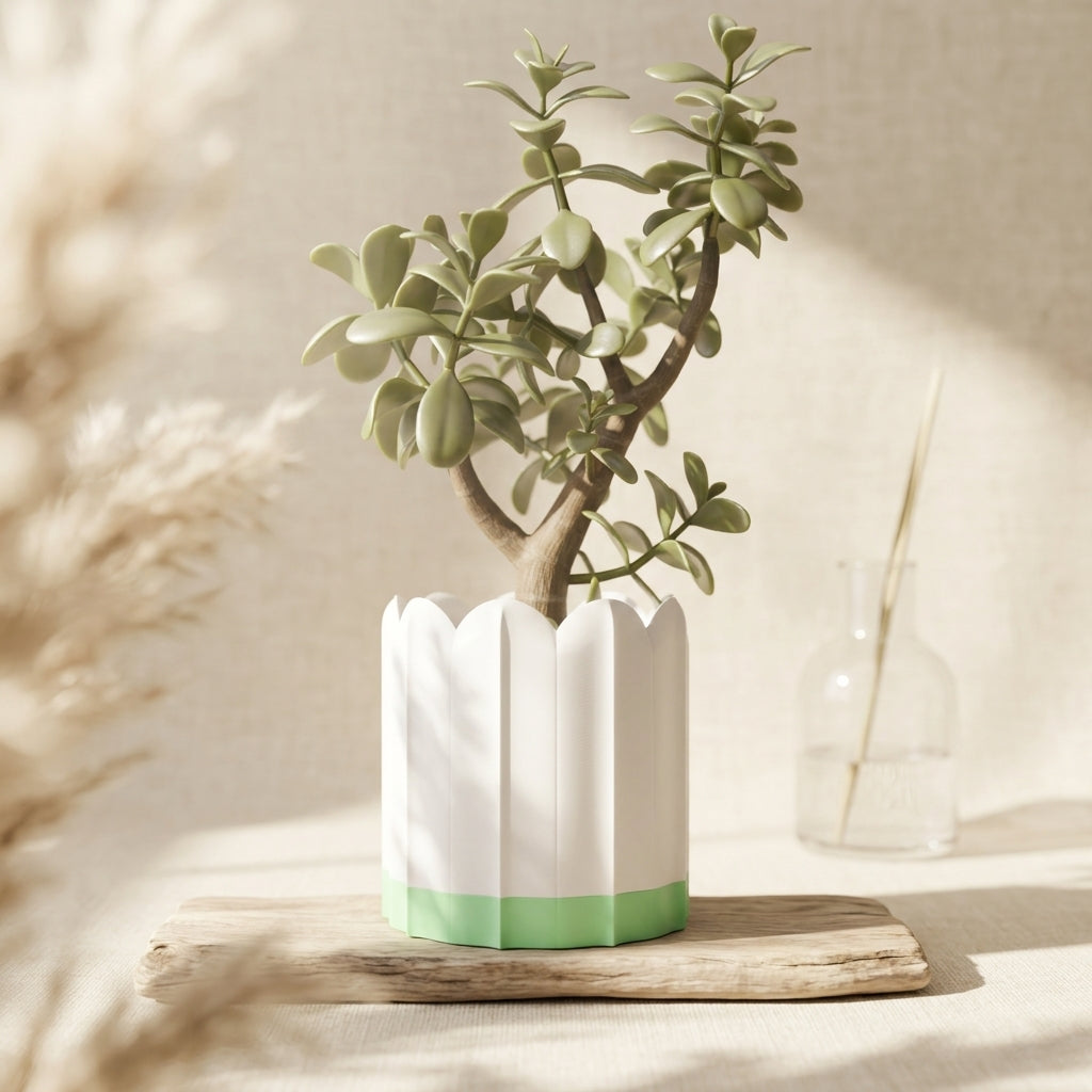 White ridged planter with green drip tray on a light natural tabletop