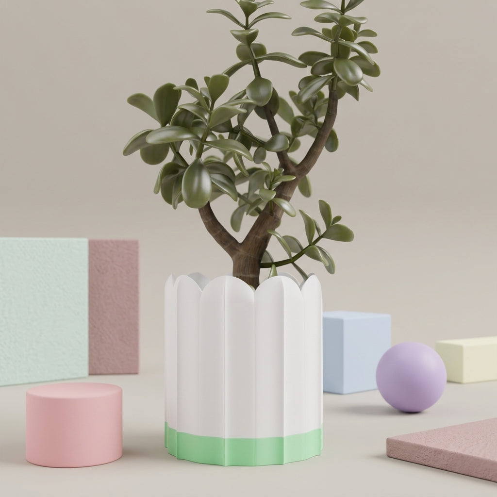 White ridged planter with green drip tray styled among soft pastel decor