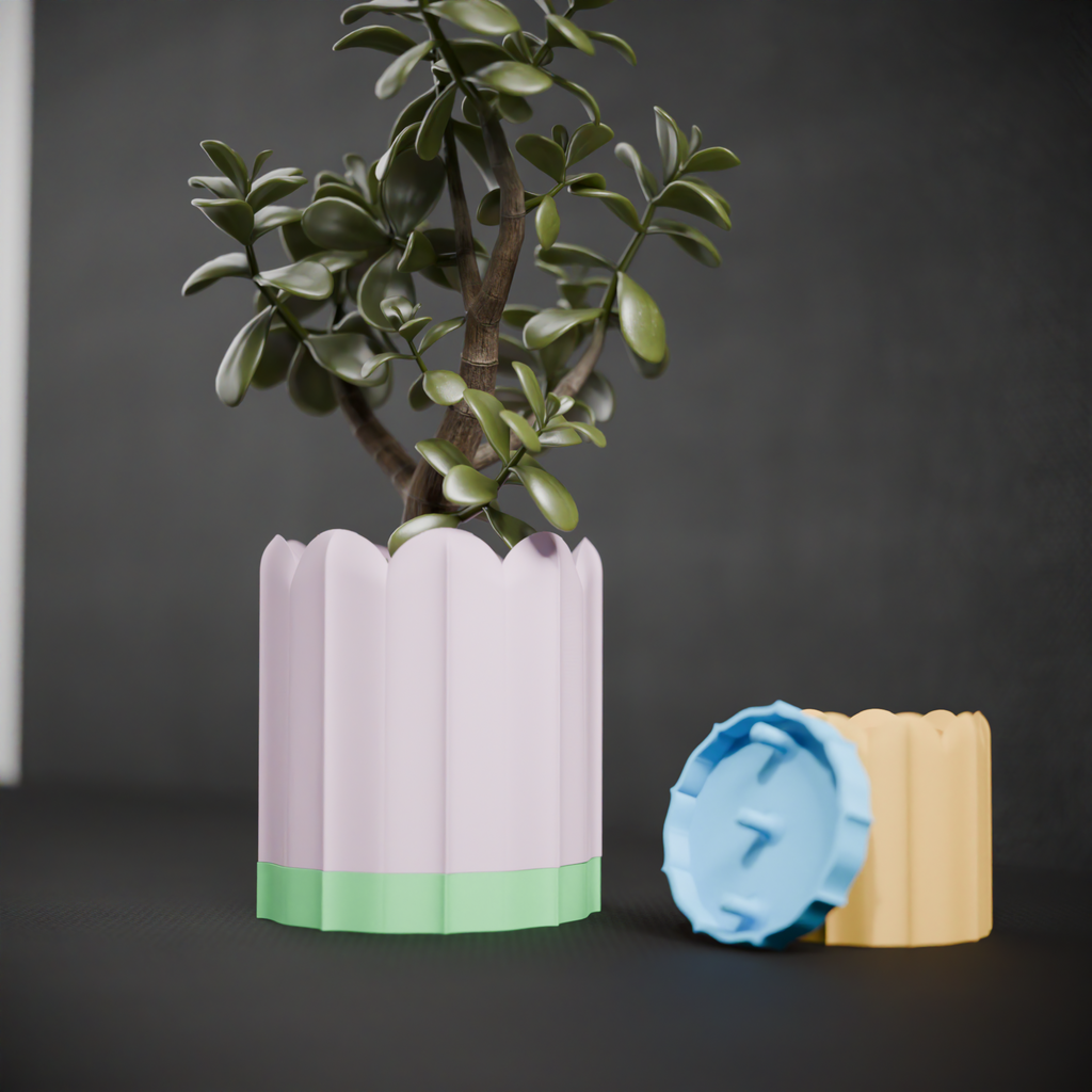 Ridged planter shown beside its removable blue and beige drip tray components