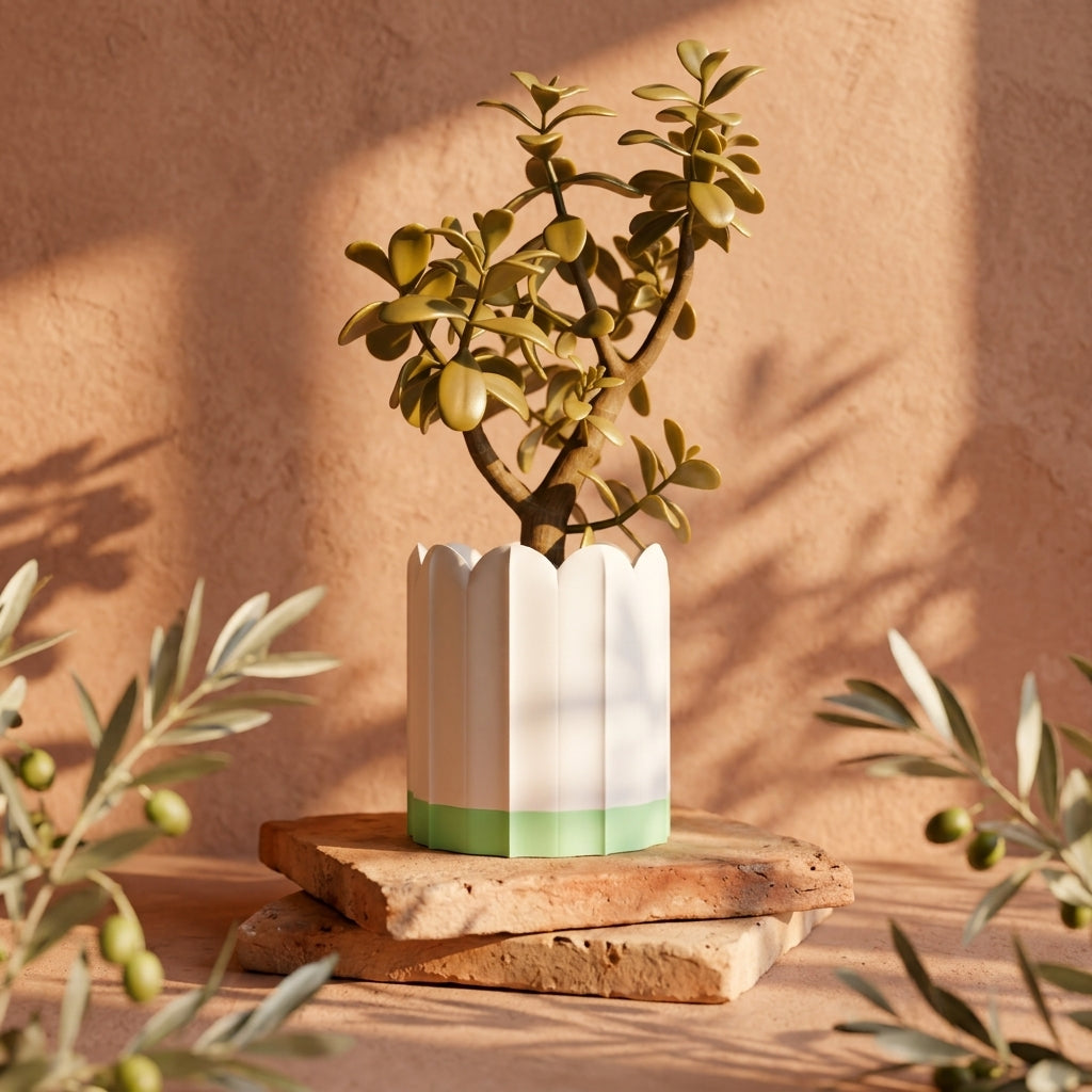 White ridged planter with green drip tray in warm sunlight on a stone surface