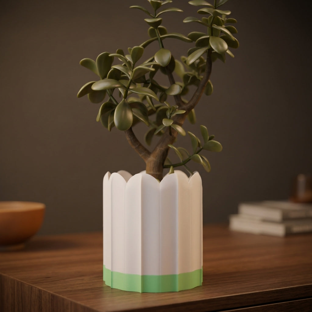 White ridged planter with green drip tray displayed on a warm wooden table