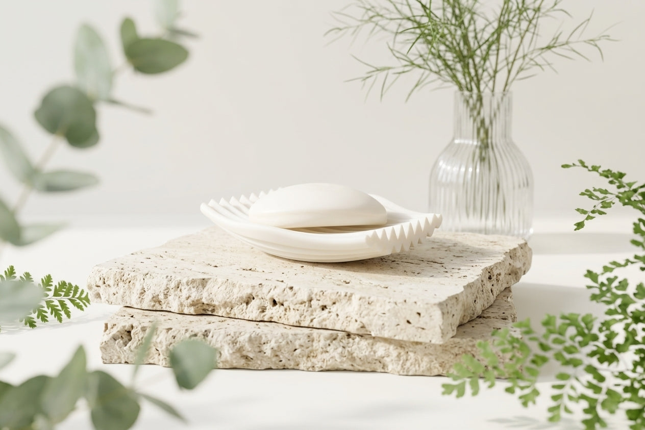 White soap dish with a bar of soap styled on stone blocks with soft greenery.