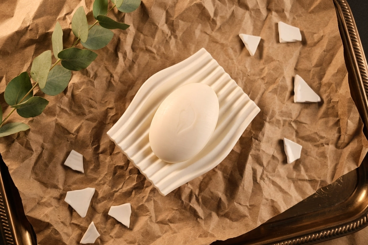 Top view of the white Rippl soap dish and soap on a warm textured background.