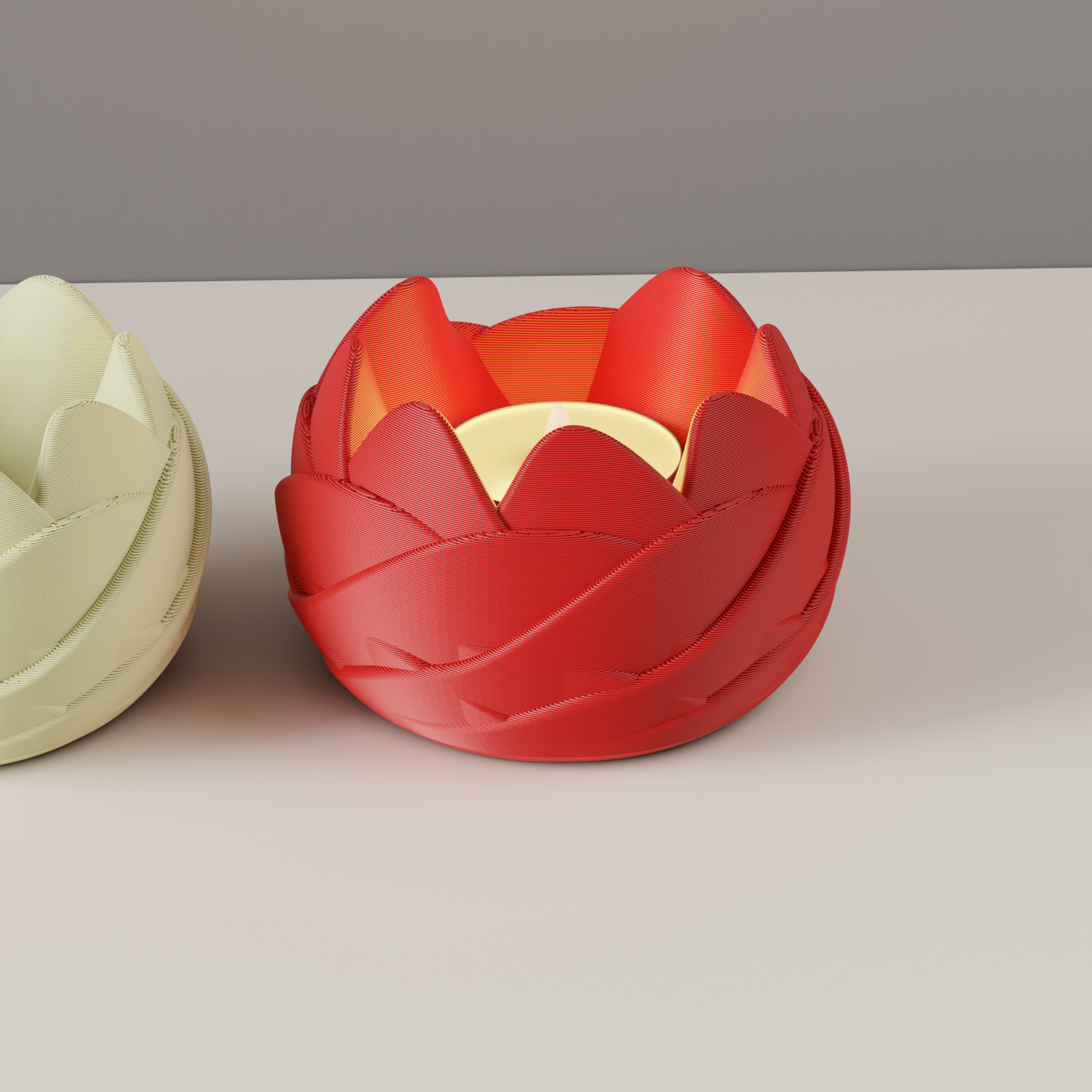 Red rose-inspired holder with a warm LED tealight visible inside the layered petals