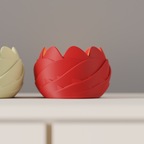 Side view of a red rose-inspired LED tealight holder showing its overlapping petal texture