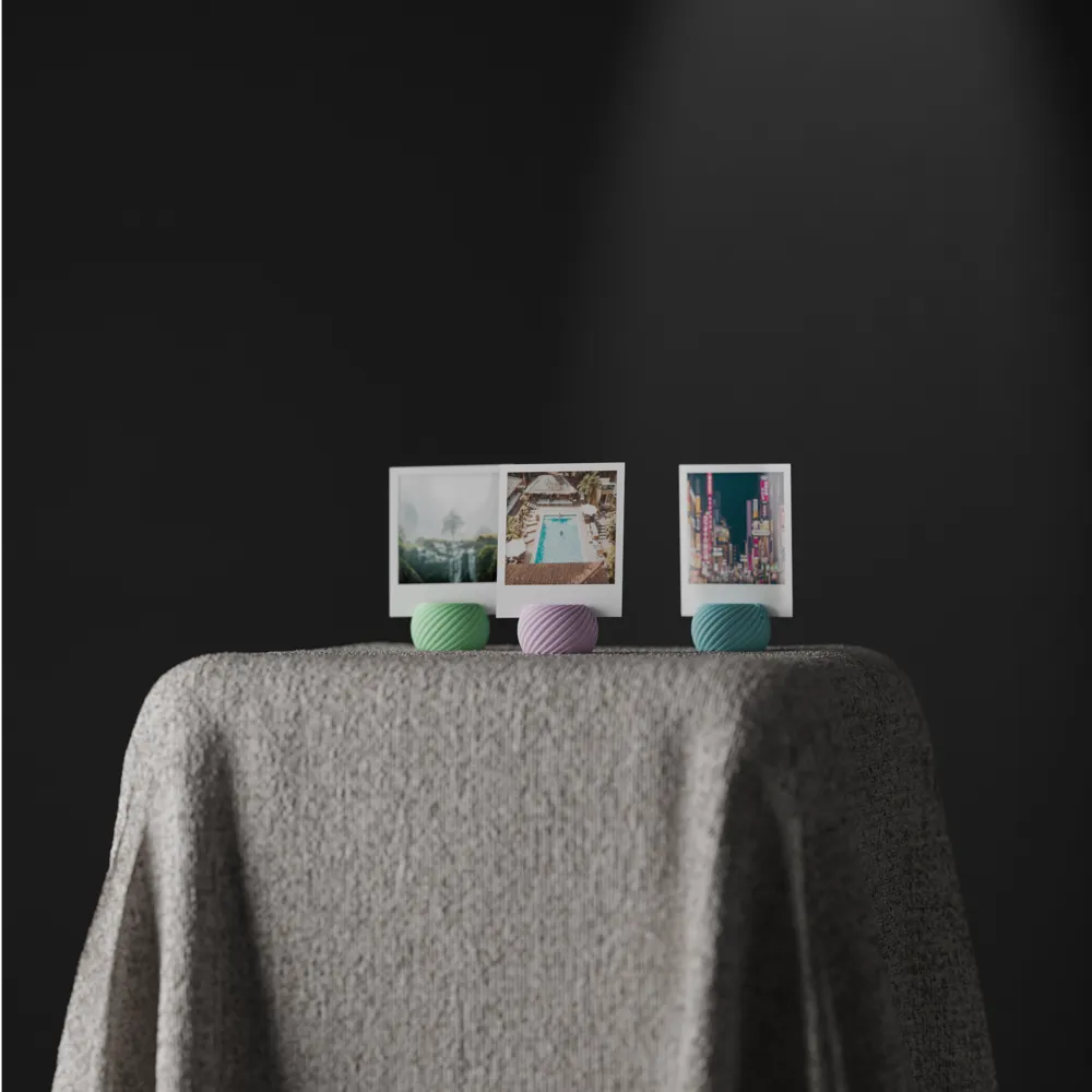 Spiral photo holder displaying an instant photo