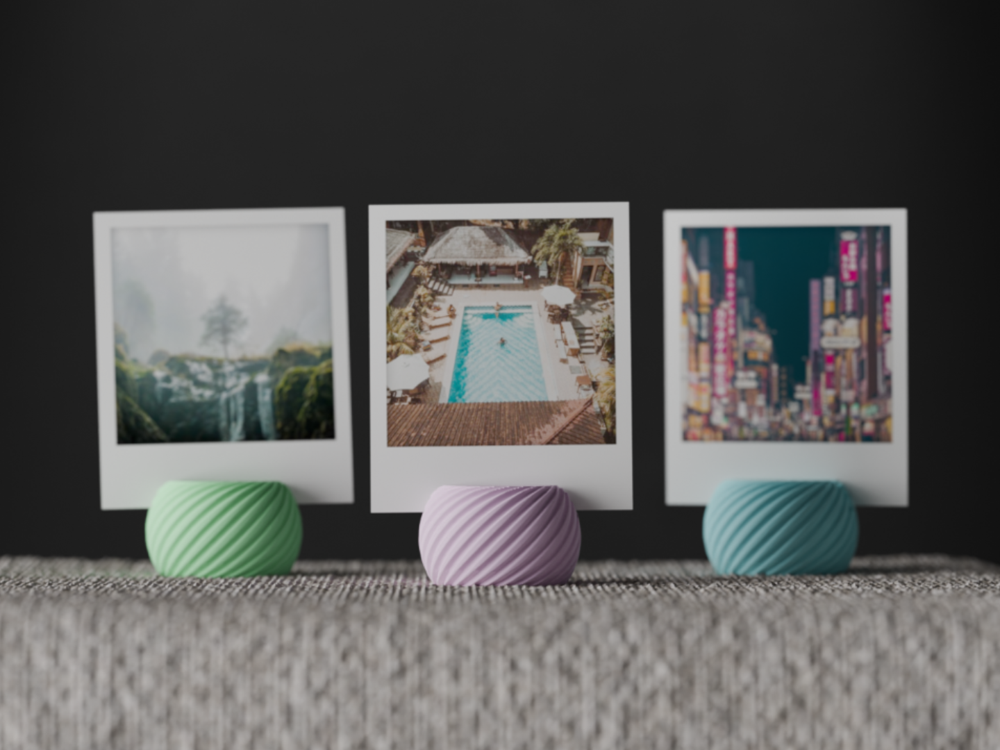 Twisted spiral photo holder displaying an instant photo