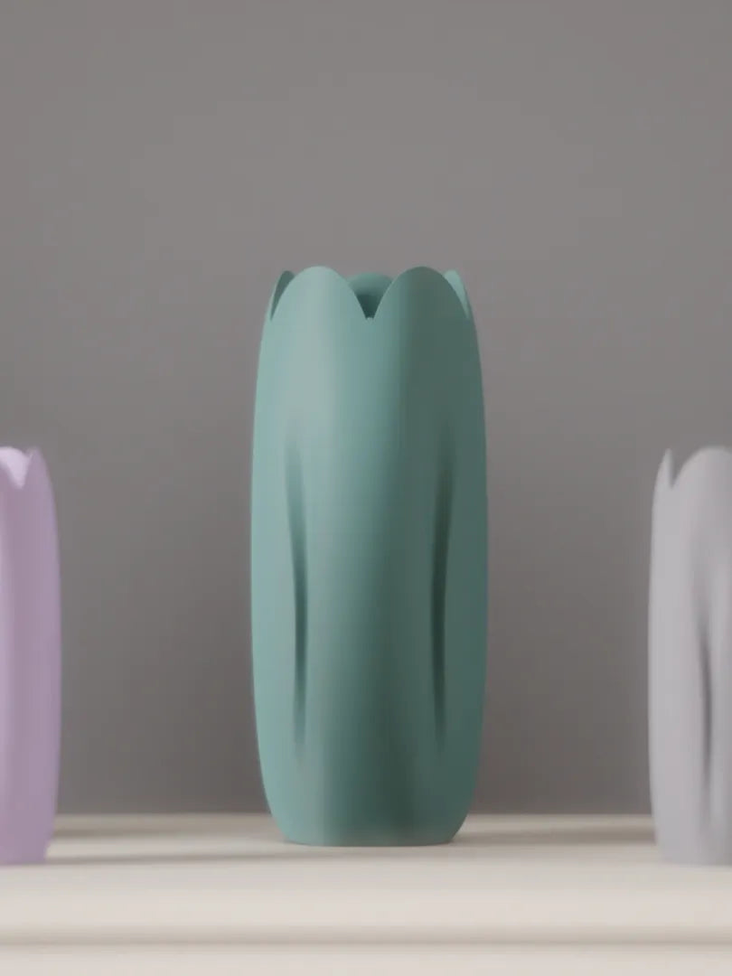 Tulip-inspired decorative vase shown vertically