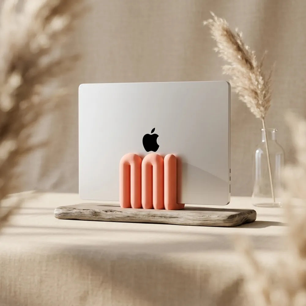 Side view showing the curved profile of the laptop stand