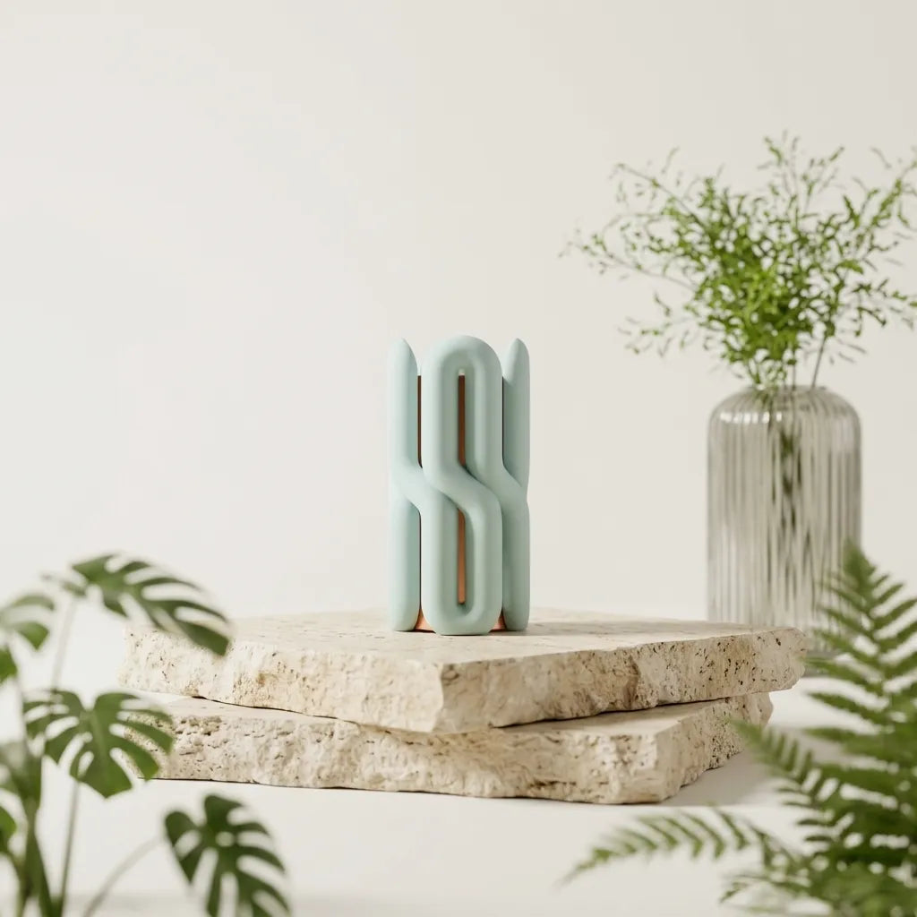 Two-part Wibble vase styled on a stone table beside greenery and a glass vase.